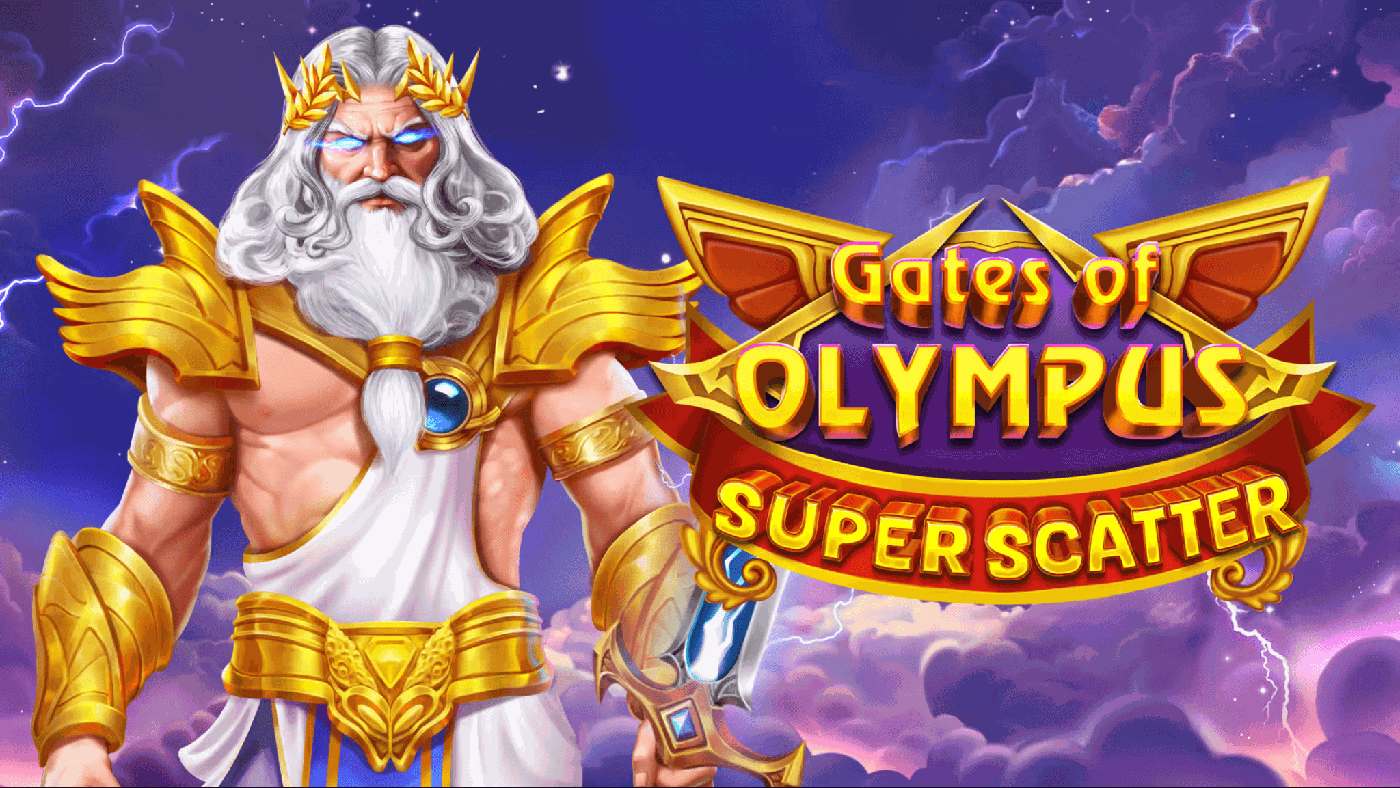 Zeus in goldener Rüstung mit türkisem Edelstein vor violett-goldenem Wolkenhimmel über dem golden gerahmten Walzenfeld von Gates of Olympus Super Scatter mit blauem Diamant-Symbol